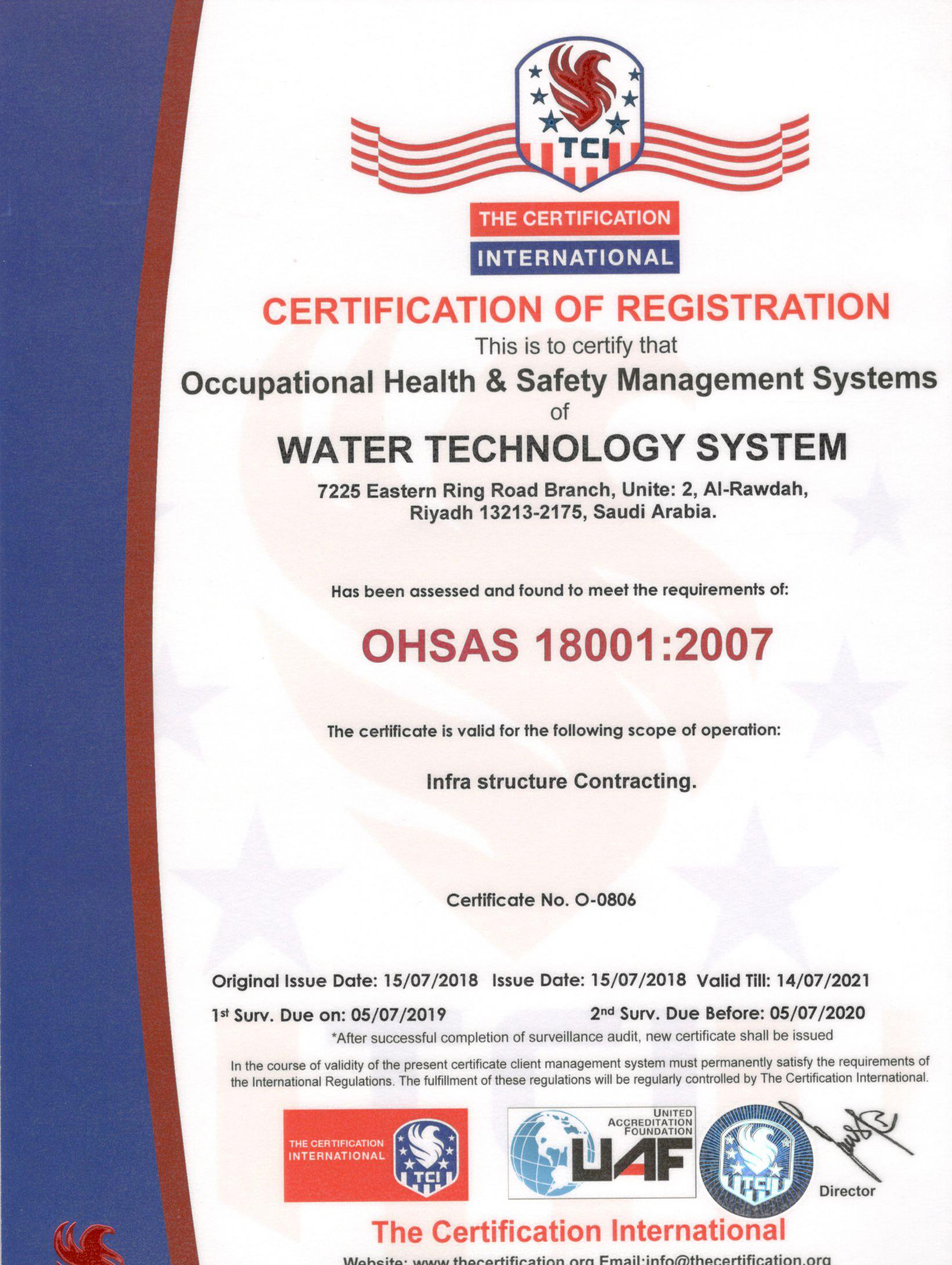 Occupational Safety and Health Certificate ISO - 18001 : 2007
